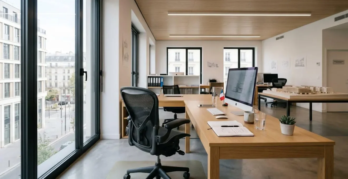Espace de travail professionnel contemporain avec chaise de bureau ergonomique noire à dossier maille et accoudoirs réglables, éclairage naturel abondant
