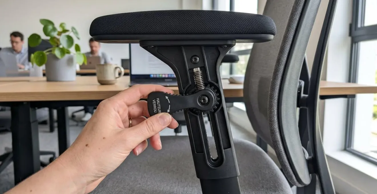 Main ajustant le mécanisme de réglage en hauteur d'un accoudoir de chaise de bureau ergonomique avec effet de flou artistique en arrière-plan