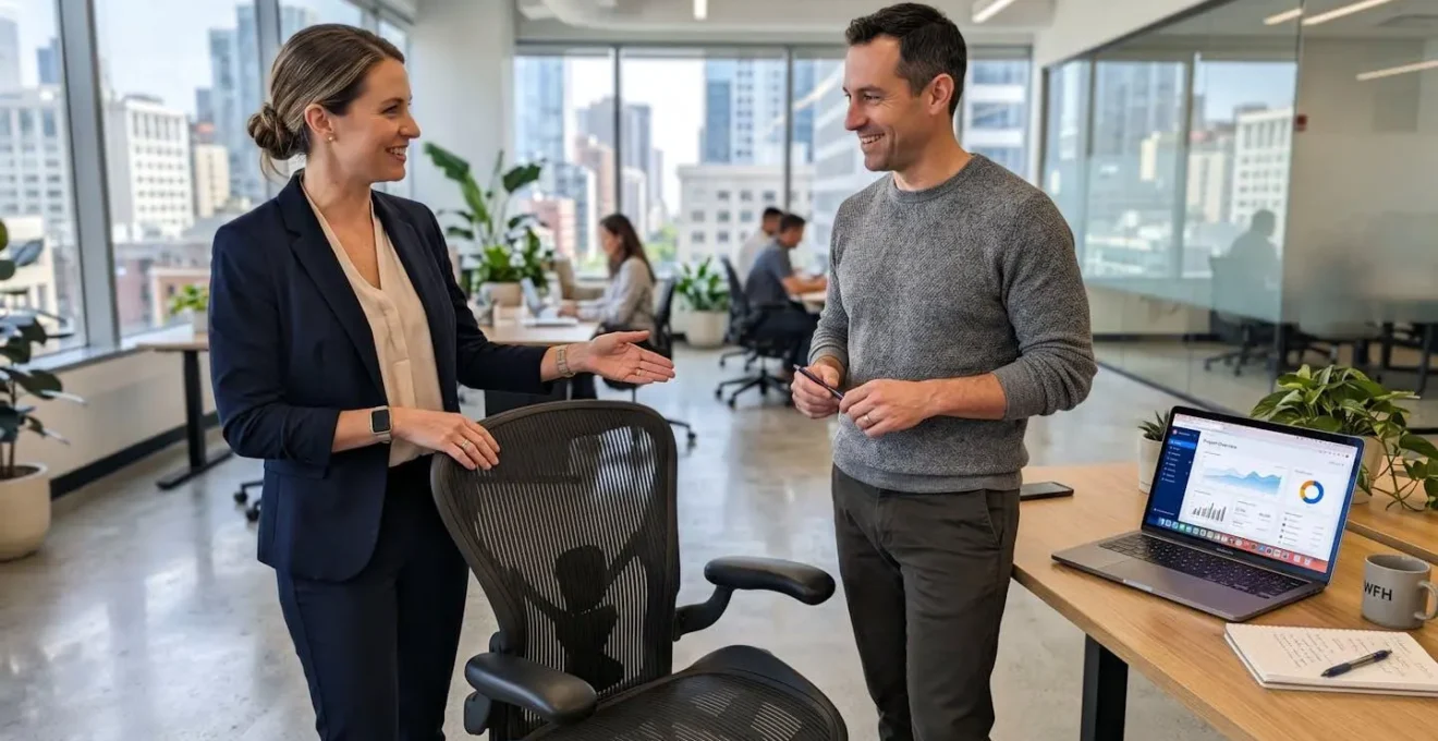 Deux professionnels en conversation debout près d'un poste de travail équipé d'une chaise de bureau ergonomique dans un espace contemporain lumineux