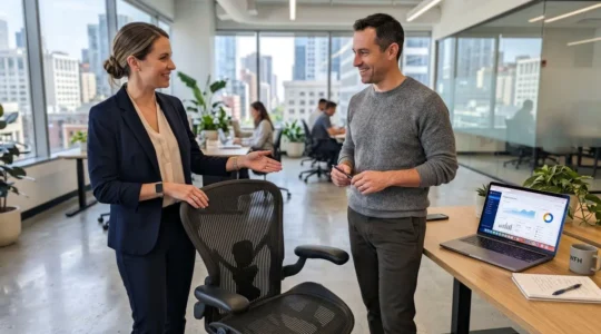 Deux professionnels en conversation debout près d'un poste de travail équipé d'une chaise de bureau ergonomique dans un espace contemporain lumineux